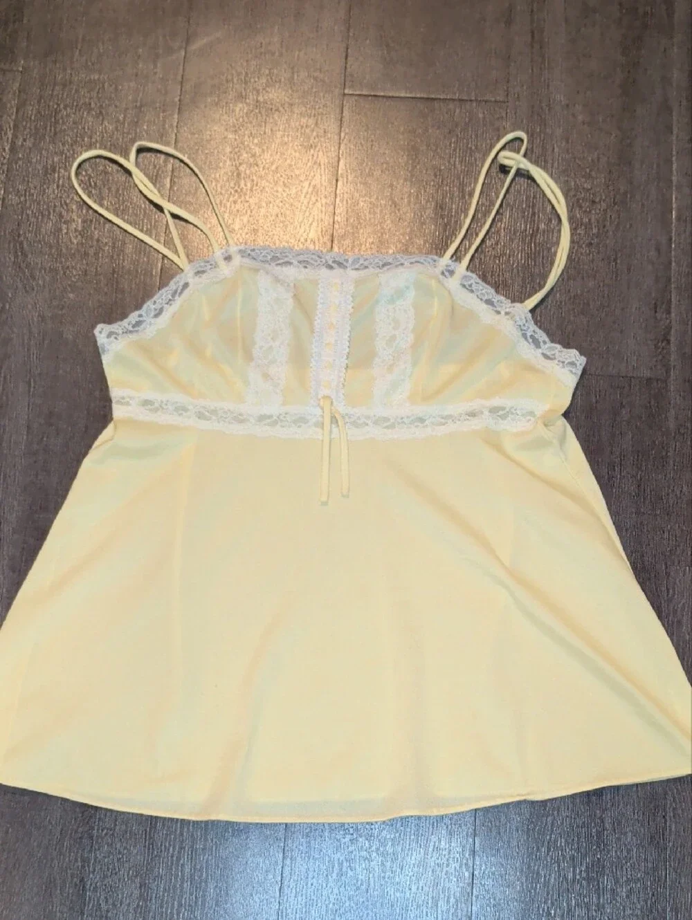Vintage Pandora By Chic Babydoll Chemise Top Camisole Yellow Lace -Trim SZ M MCM
